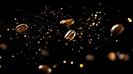 Aufkleber - Dynamic composition of roasted coffee beans exploding mid-air over black background with glowing particles and motion blur, high-energy concept, commercial style, bold contrast
