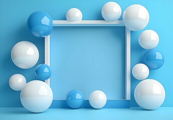 Poster - A vibrant arrangement of blue and white spheres against a soft blue background, creating a playful and modern atmosphere, perfect for design projects.