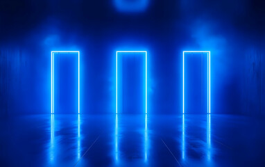 Wall Mural - Three illuminated blue doors stand in a darkened room, creating a futuristic ambiance. The reflections enhance the otherworldly experience.