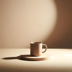 Poster - mug on pedestal: a solitary ceramic mug rests serenely upon a minimalist pedestal, bathed in the sof