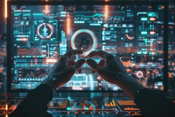 Poster - Cryptocurrency Trader Analyzing Bitcoin Market Data on Futuristic Screen