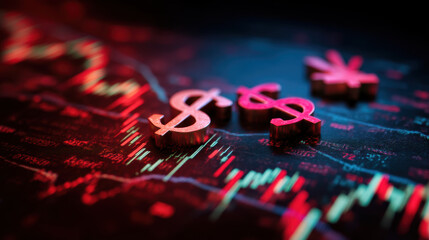 Poster - Financial symbols digital background represent currency exchange and market trends, evoking sense of investment and analysis