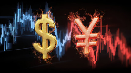 Poster - Golden dollar sign and red yen symbol with fluctuating financial graphs background, representing currency exchange dynamics