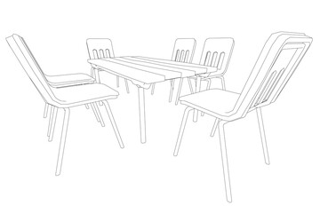 Poster - A black and white drawing of a table with four chairs around it. The chairs are all lined up and facing the table. The table is large and rectangular