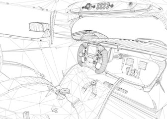 Poster - A drawing of a car interior with a steering wheel and a gear shift. The drawing is in black and white and has a stylized look