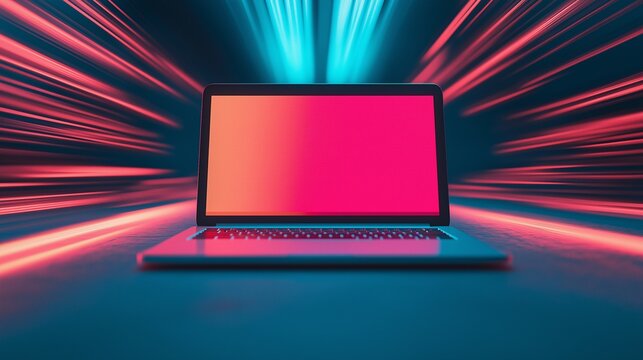 Futuristic Laptop with Neon Lights Fast Speed Technology Concept