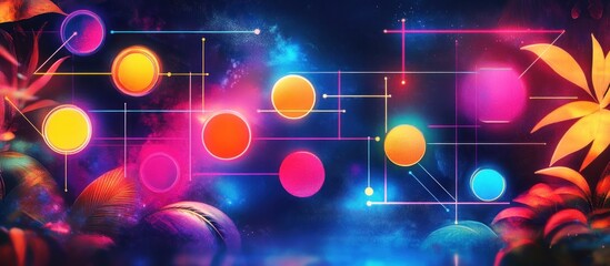 Poster - a luminous abstract tropical landscape featuring glowing orbs connected by geometric lines and vibrant cosmic colors evoking a futuristic or dreamlike setting for backgrounds