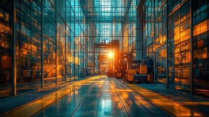 Wall Mural - Container yard surrounded by modern glass warehouses, automated machinery at work, sunlight reflecting off metallic surfaces, smooth ground finish, logistic commerce hub, crisp details, well-structure