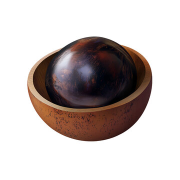 Abstract sphere with dark brown texture inside a wooden bowl on a transparent background Concept of minimalist design, decorative object, and modern art