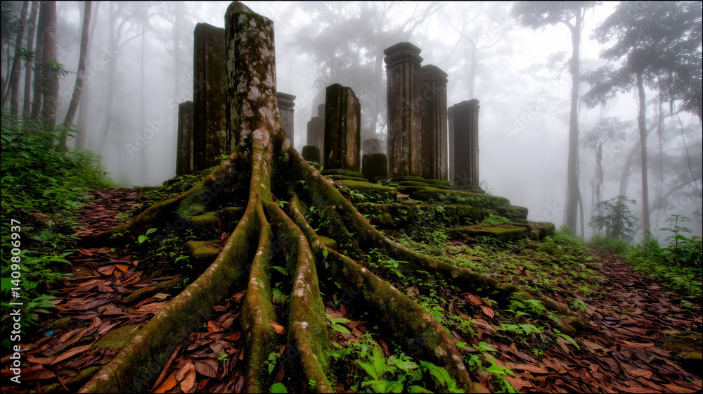 Moss-covered ancient stone ruins in misty forest with exposed tree ...