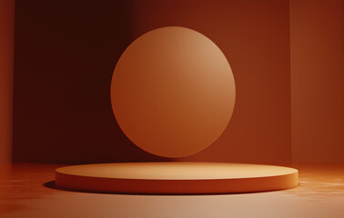 Poster - simple beige podium set against warm, minimalist background features floating circular element, creating serene and modern atmosphere
