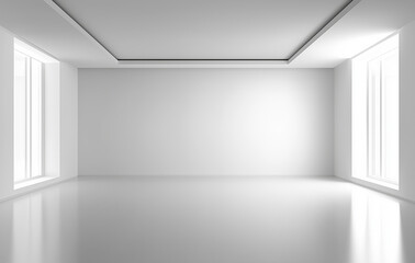 Poster - bright, minimalistic white interior with large windows and sleek, reflective floor creates spacious and modern atmosphere. room is empty, emphasizing simplicity and elegance