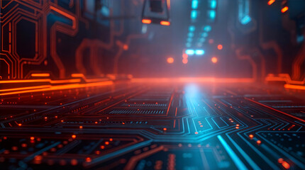Aufkleber - A captivating futuristic scene showcasing Cybernetic Circuitry illuminated by a Neon Glow. Digital conceptual image circuit microchip on dark blue background