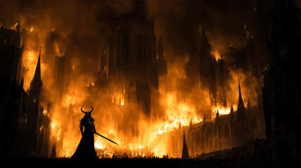 Wall Mural - dark silhouette of horned warrior against burning gothic cathedral