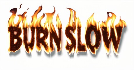 Fototapete - Fiery text spells Burn Slow. Letters engulfed in flames create dramatic visual effect. Intense orange, yellow hues dominate composition. Shadow adds depth.