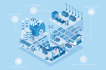 Aufkleber - Green manufacturing 3d isometric concept for web design. People in isometry rooms work at eco factory with solar panels, wind turbines and green fuels, energy conservation zone. Vector illustration.