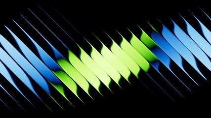 Poster - cycled 3d animation. Diagonal lines with blue green gradient. Abstract minimalist background divided into glossy stripes with reflection. Optical illusion of morphing visual effect