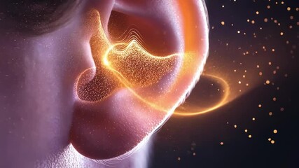Aufkleber - Sound waves entering human ear canal, visualizing complex hearing process through detailed medical animation with microscopic rendering of auditory system dynamics and sensory perception