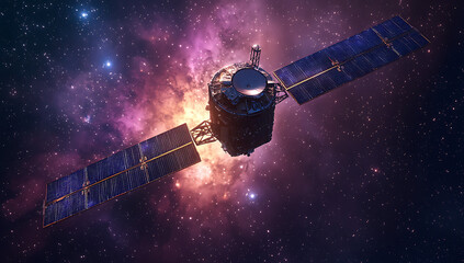 Wall Mural - A lone satellite drifts in the vastness of space illuminated against a backdrop of a colorful nebula and distant stars.