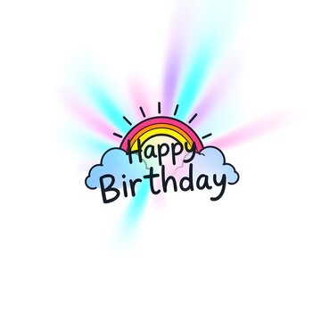  8K resolution 3D render of a minimalistic, lively doodle featuring rainbow clouds and a sun. The words Happy Birthday are inscribed in the sun's rays White background art illustration design