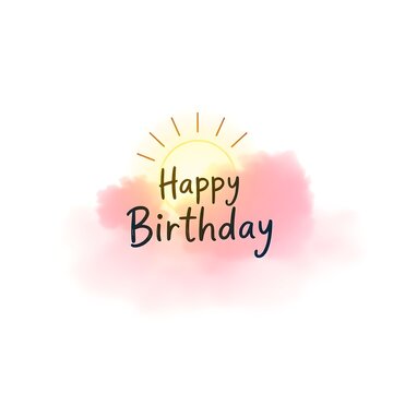  8K resolution 3D render of a minimalistic, lively doodle featuring rainbow clouds and a sun. The words Happy Birthday are inscribed in the sun's rays White background art illustration design