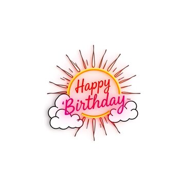 8K resolution 3D render of a minimalistic, lively doodle featuring rainbow clouds and a sun. The words Happy Birthday are inscribed in the sun's rays White background art illustration design