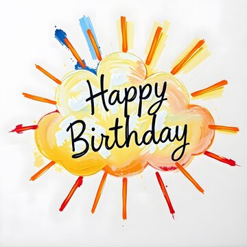 8K resolution 3D render of a minimalistic, lively doodle featuring rainbow clouds and a sun. The words Happy Birthday are inscribed in the sun's rays White background art illustration design
