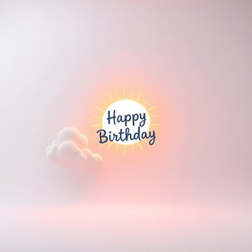 8K resolution 3D render of a minimalistic, lively doodle featuring rainbow clouds and a sun. The words Happy Birthday are inscribed in the sun's rays White background art illustration design