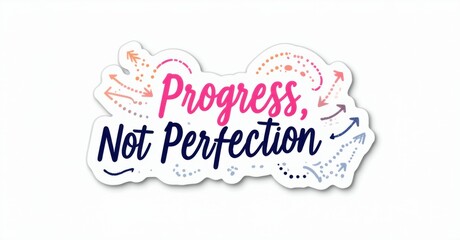 Fototapete - Pink sticker displays handwritten text. Phrase Progress, Not Perfection emphasized with arrows, dots, wavy line. Positive message, motivational design.
