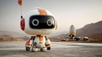 Aufkleber - A humanoid robot stands on a barren surface, equipped with futuristic technology, analyzing its surroundings. In the background, spacecrafts are stationed on a distant planet, ready for exploration.