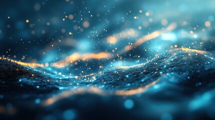 Fototapete - Abstract digital illustration of shimmering blue and gold particles.