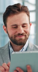 Aufkleber - Smile, typing and man in office with tablet, scroll or contact search on content marketing website. Thinking, networking and seo consultant on digital app for online schedule, email or business ideas
