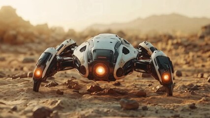 Aufkleber - A humanoid explorer equipped with advanced technology navigates rocky terrain on an alien planet, analyzing surroundings under a sunlit sky. The scene captures the essence of space exploration.