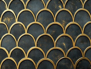 Aufkleber - Luxurious Art Deco-inspired gold metal fish scale pattern on a dark background, close-up.