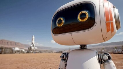 Aufkleber - A humanoid robot stands in a vast alien landscape, exploring and analyzing its surroundings. The sky is clear, and distant structures hint at advanced technology on this intriguing planet.