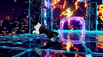 Poster - border collie is running through a futuristic metaverse city with glowing neon lights, digital circu