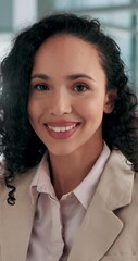 Poster - Face, typing and woman in office with tablet, scroll and communication on content marketing website. Search, smile and business consultant on digital app for online schedule, email or user experience