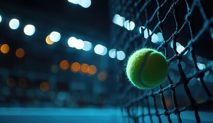 Close Up of a Tennis Ball Stuck in Net Under Stadium Lights at Night with Blurred Background