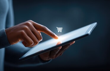 Poster - Close Up Of Hand Touching Digital Tablet with Illuminated Shopping Cart Icon on Screen in Dark Background