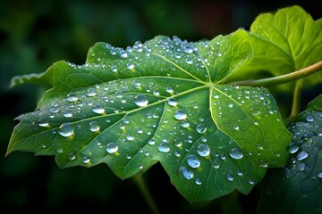 Wall Mural - Leaf surface with raindrop trails soft morning