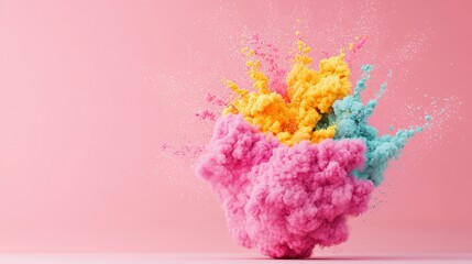 Poster - Pink, Yellow, and Blue Paint Explosion: A vibrant explosion of pink, yellow, and blue paint creates a dynamic and colorful abstract artwork. The colors blend and swirl.