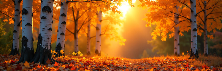 Poster - Golden Light Shines Through Vibrant Orange And Yellow Leaves Against A Backdrop Of White Birch Trunks In The Forest During Autumn.