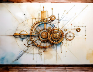 Aufkleber - Abstract mechanical artwork featuring intricate gears and lines in a blend of colors