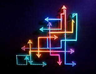 Poster - Colorful neon arrows create an abstract pattern on a dark background, symbolizing direction and choice