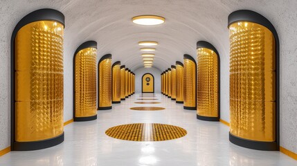 Poster - Golden Corridor: A long corridor with golden walls and black trim leads to a mysterious door at the end, creating a sense of intrigue and grandeur.