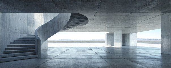 Poster - Modern architectural space with concrete floor and spiral staircase, showcasing minimalism and open design