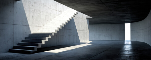 Poster - modern concrete environment featuring grand staircase illuminated by natural light, creating serene atmosphere