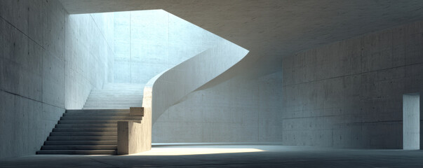Poster - modern architectural space featuring grand staircase, smooth concrete walls, and ample natural light creating serene