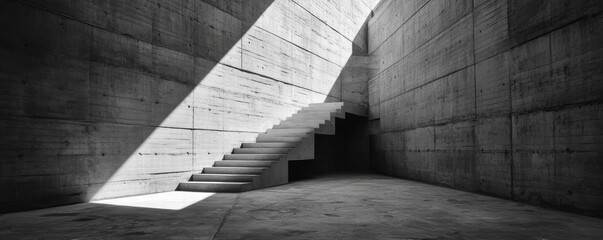Poster - minimalist industrial space featuring concrete walls and staircase illuminated by natural light creates striking atmosphere