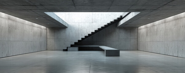 Poster - Minimalist concrete space with clean lines, featuring staircase and bench, evokes sense of modern tranquility